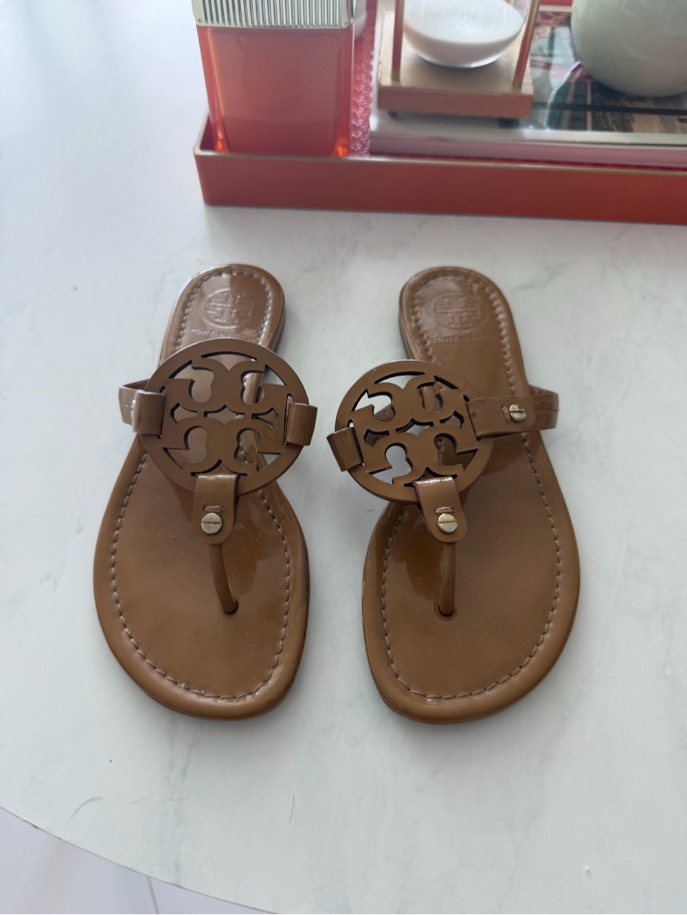 Tory Burch Miller Patent Leather Sandals Tan Nude